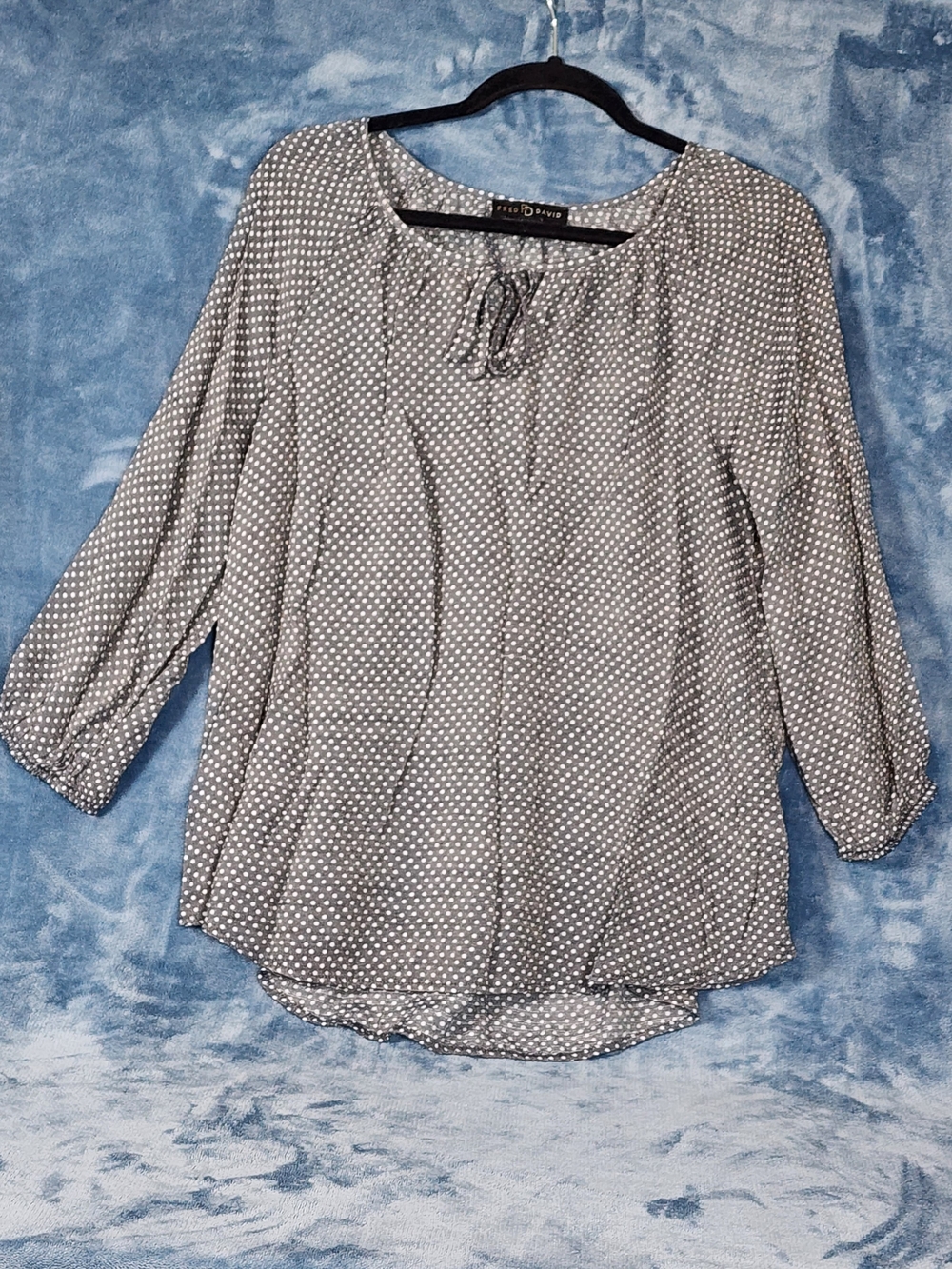 Fred David Gray Polka Dot Peasant Top with Tie Neck